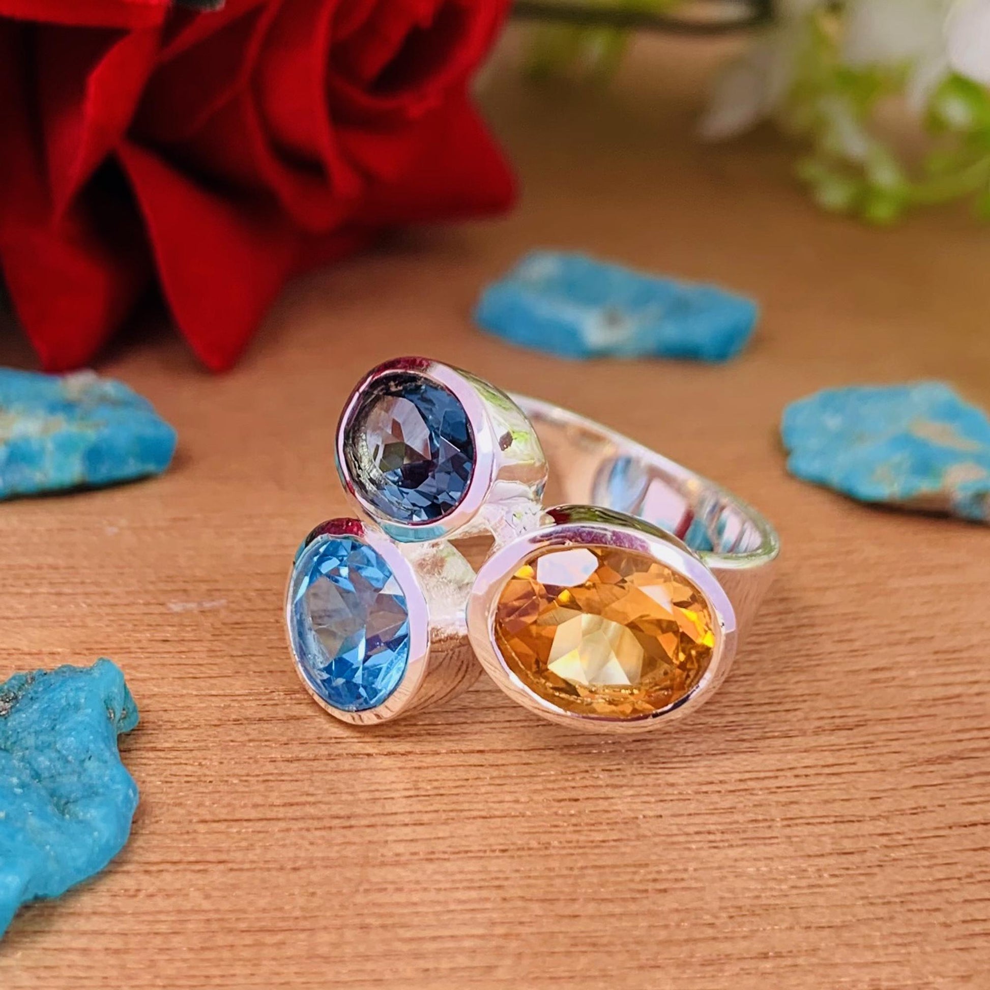 Multi Stone Ring Citrine London Blue Topaz Swiss Blue Topaz Sterling Silver Bold Ring - BeadsBoatInc