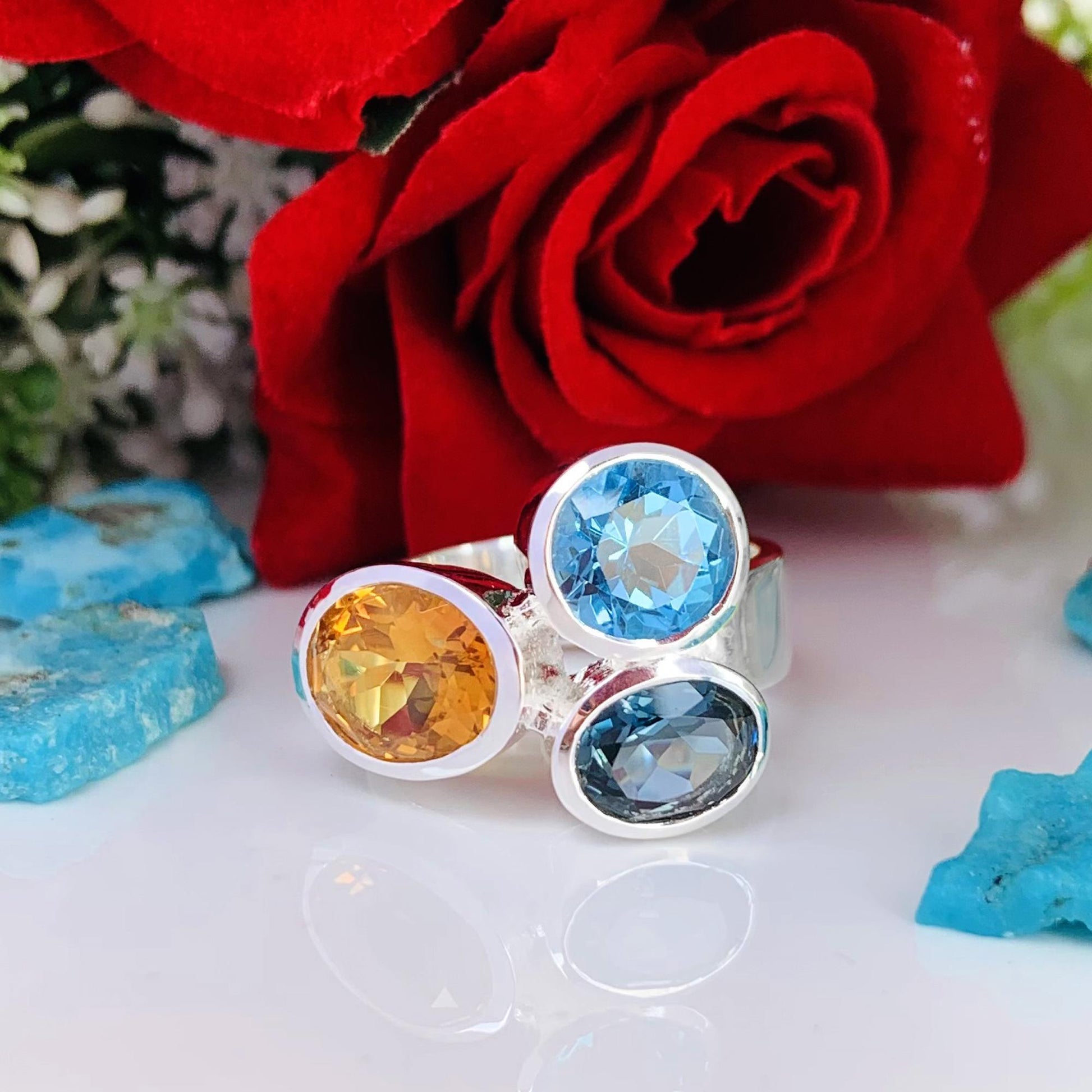 Multi Stone Ring Citrine London Blue Topaz Swiss Blue Topaz Sterling Silver Bold Ring - BeadsBoatInc