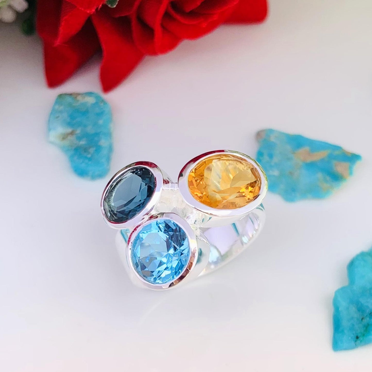 Multi Stone Ring Citrine London Blue Topaz Swiss Blue Topaz Sterling Silver Bold Ring - BeadsBoatInc