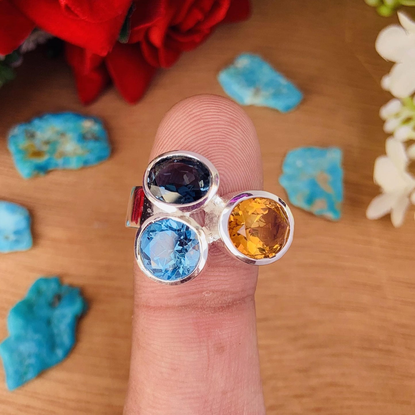 Multi Stone Ring Citrine London Blue Topaz Swiss Blue Topaz Sterling Silver Bold Ring - BeadsBoatInc