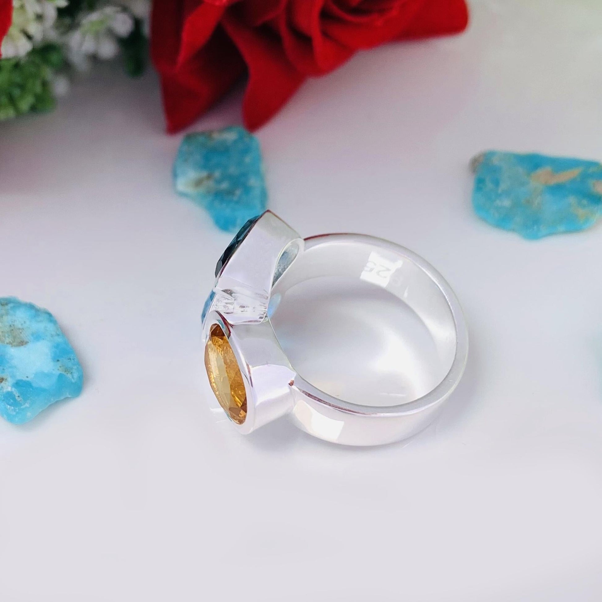 Multi Stone Ring Citrine London Blue Topaz Swiss Blue Topaz Sterling Silver Bold Ring - BeadsBoatInc