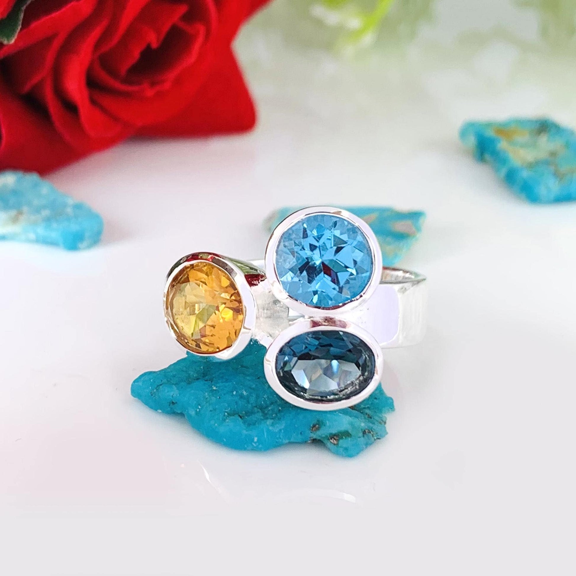 Multi Stone Ring Citrine London Blue Topaz Swiss Blue Topaz Sterling Silver Bold Ring - BeadsBoatInc