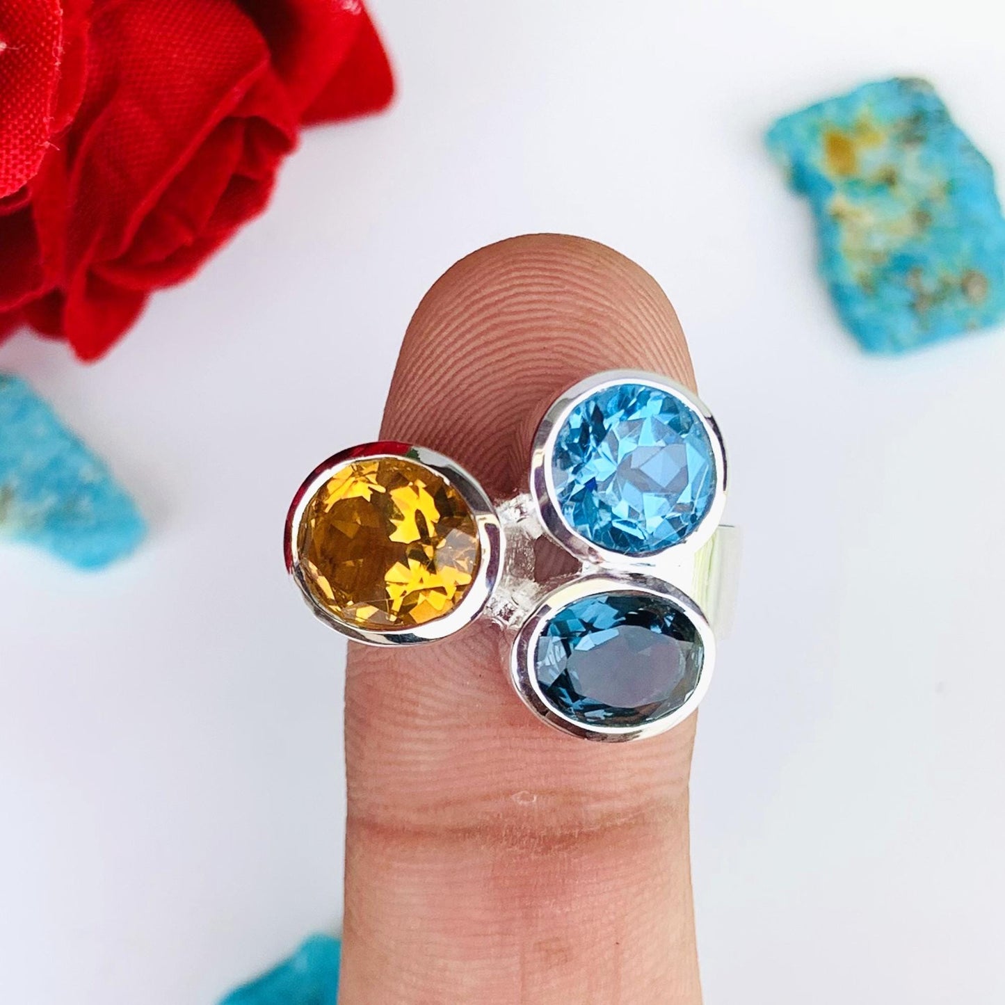 Multi Stone Ring Citrine London Blue Topaz Swiss Blue Topaz Sterling Silver Bold Ring - BeadsBoatInc