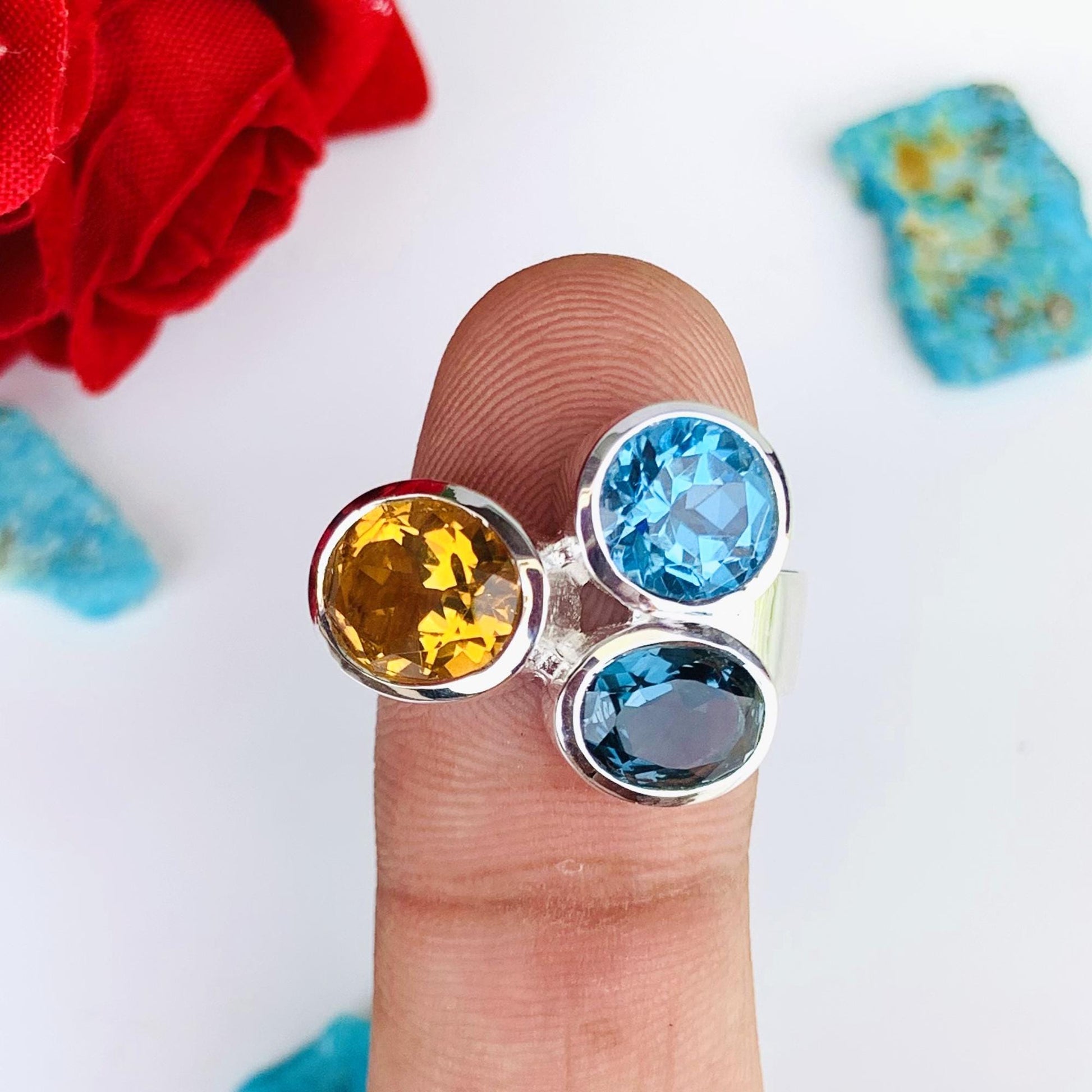 Multi Stone Ring Citrine London Blue Topaz Swiss Blue Topaz Sterling Silver Bold Ring - BeadsBoatInc