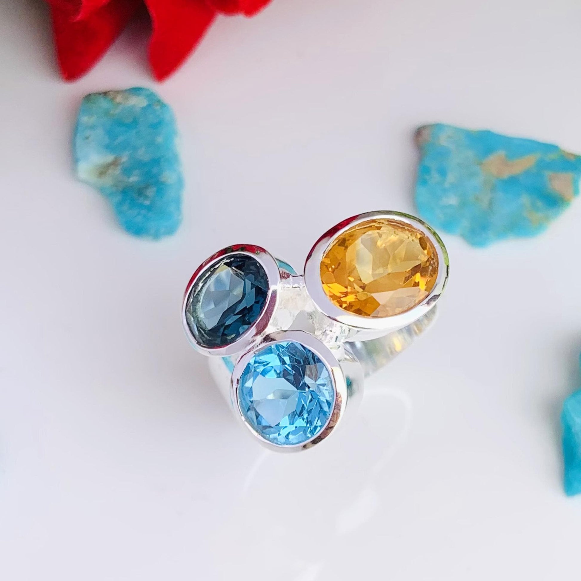 Multi Stone Ring Citrine London Blue Topaz Swiss Blue Topaz Sterling Silver Bold Ring - BeadsBoatInc