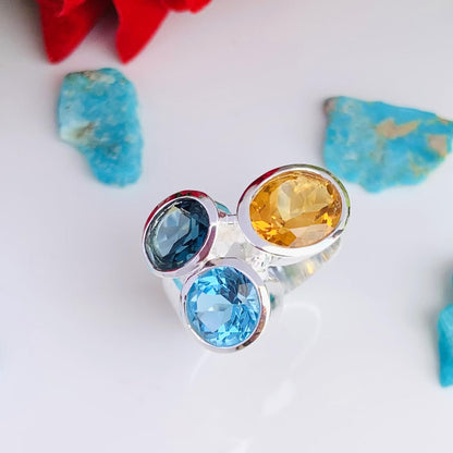 Multi Stone Ring Citrine London Blue Topaz Swiss Blue Topaz Sterling Silver Bold Ring - BeadsBoatInc