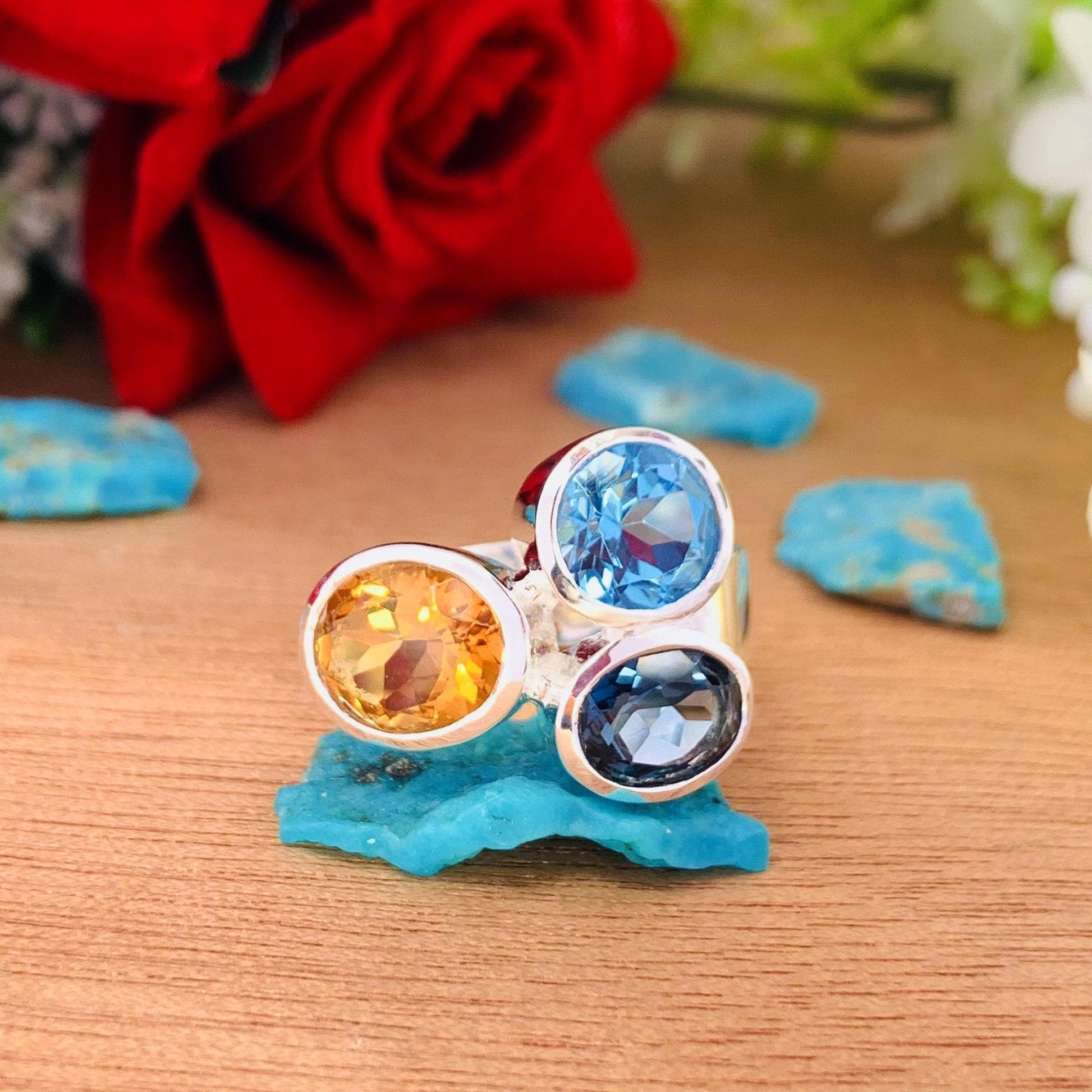 Multi Stone Ring Citrine London Blue Topaz Swiss Blue Topaz Sterling Silver Bold Ring - BeadsBoatInc