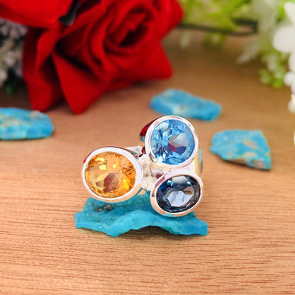 Multi Stone Ring Citrine London Blue Topaz Swiss Blue Topaz Sterling Silver Bold Ring - BeadsBoatInc