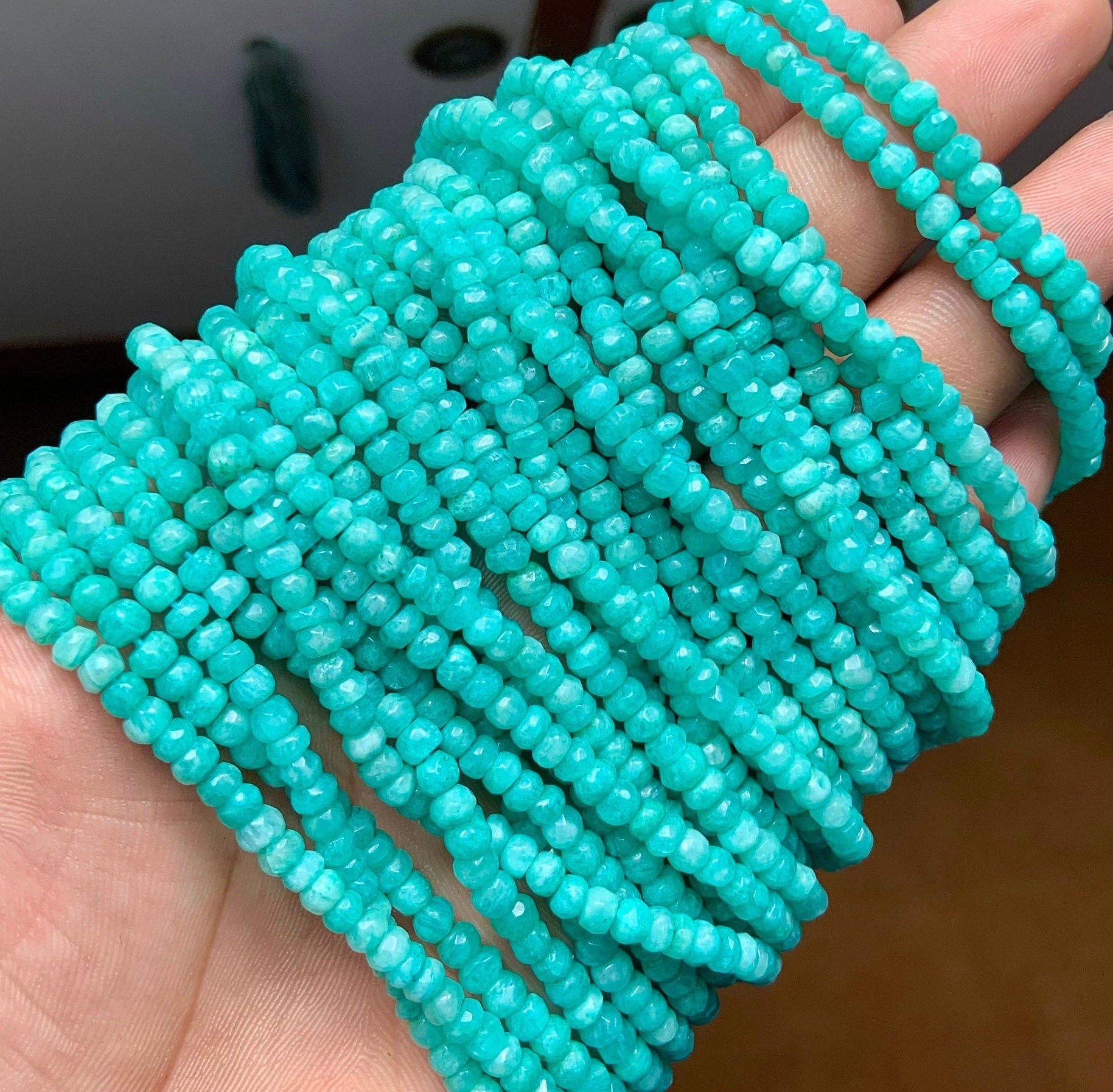 Natural Amazonite Faceted Rondelle Beads | 3mm - 4.5mm AAA Quality Gemstone - BeadsBoatInc