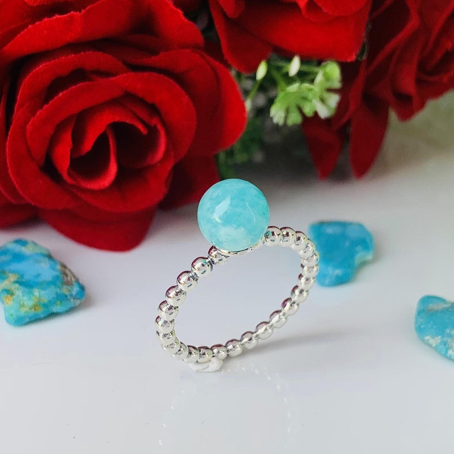Natural Amazonite Ring – Stackable Sterling Silver Ring Gift for Her - BeadsBoatInc