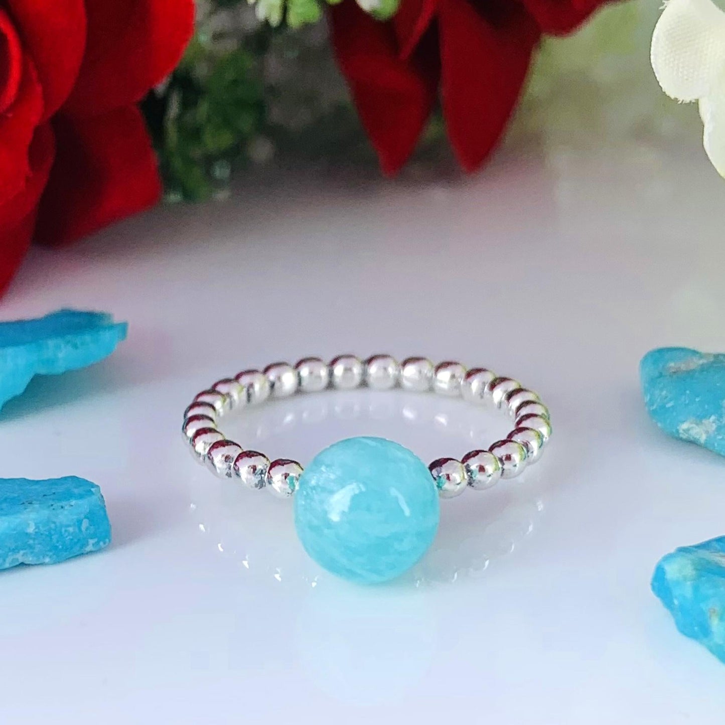 Natural Amazonite Ring – Stackable Sterling Silver Ring Gift for Her - BeadsBoatInc