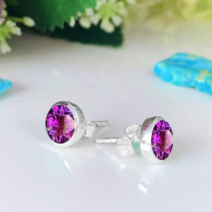 Natural Amethyst Studs ~ Classic Silver Jewelry For Women ~ Dainty Style jewellery ~ 6mm purple crystal studs ~ Gift For Her - BeadsBoatInc
