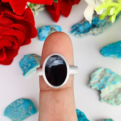 Natural Black Tourmaline Solitaire Ring | Matte Finish | Bold Statement Gift - BeadsBoatInc