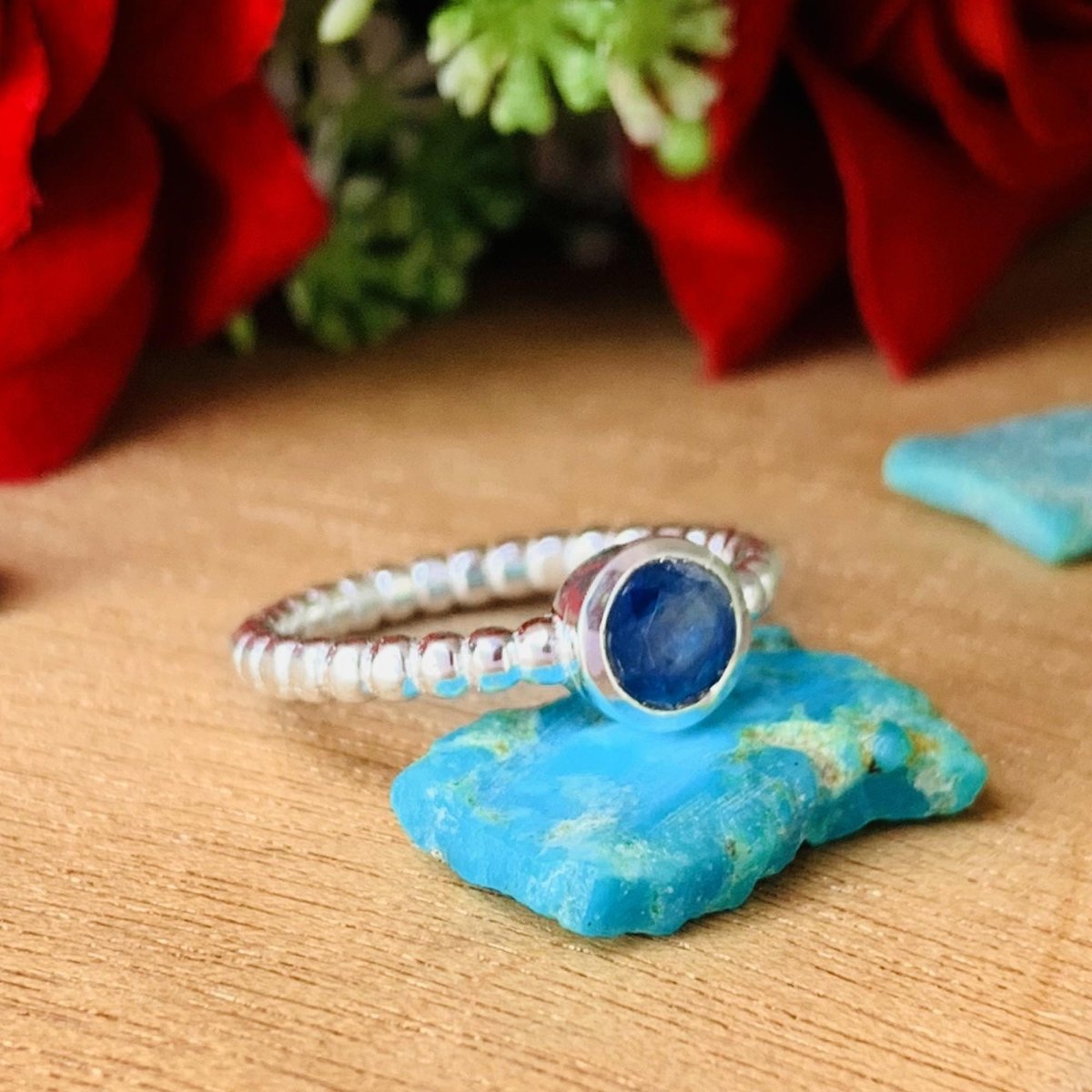 Natural Blue Iolite Ball Ring | Dainty Stackable Silver - BeadsBoatInc