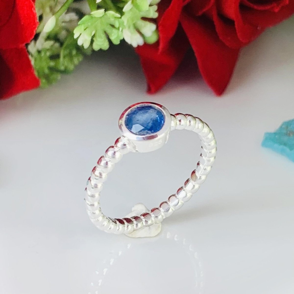 Natural Blue Iolite Ball Ring | Dainty Stackable Silver - BeadsBoatInc
