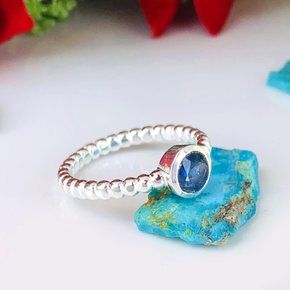 Natural Blue Iolite Ball Ring | Dainty Stackable Silver - BeadsBoatInc