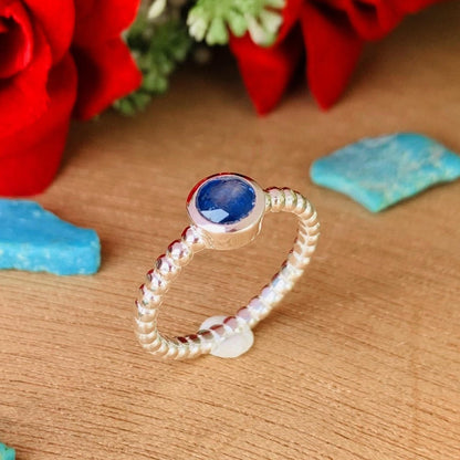 Natural Blue Iolite Ball Ring | Dainty Stackable Silver - BeadsBoatInc