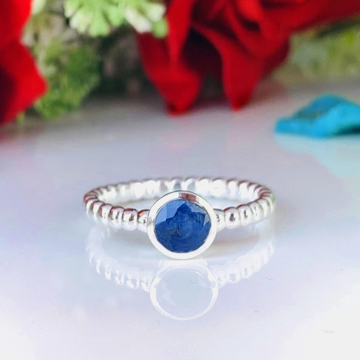 Natural Blue Iolite Ball Ring | Dainty Stackable Silver - BeadsBoatInc