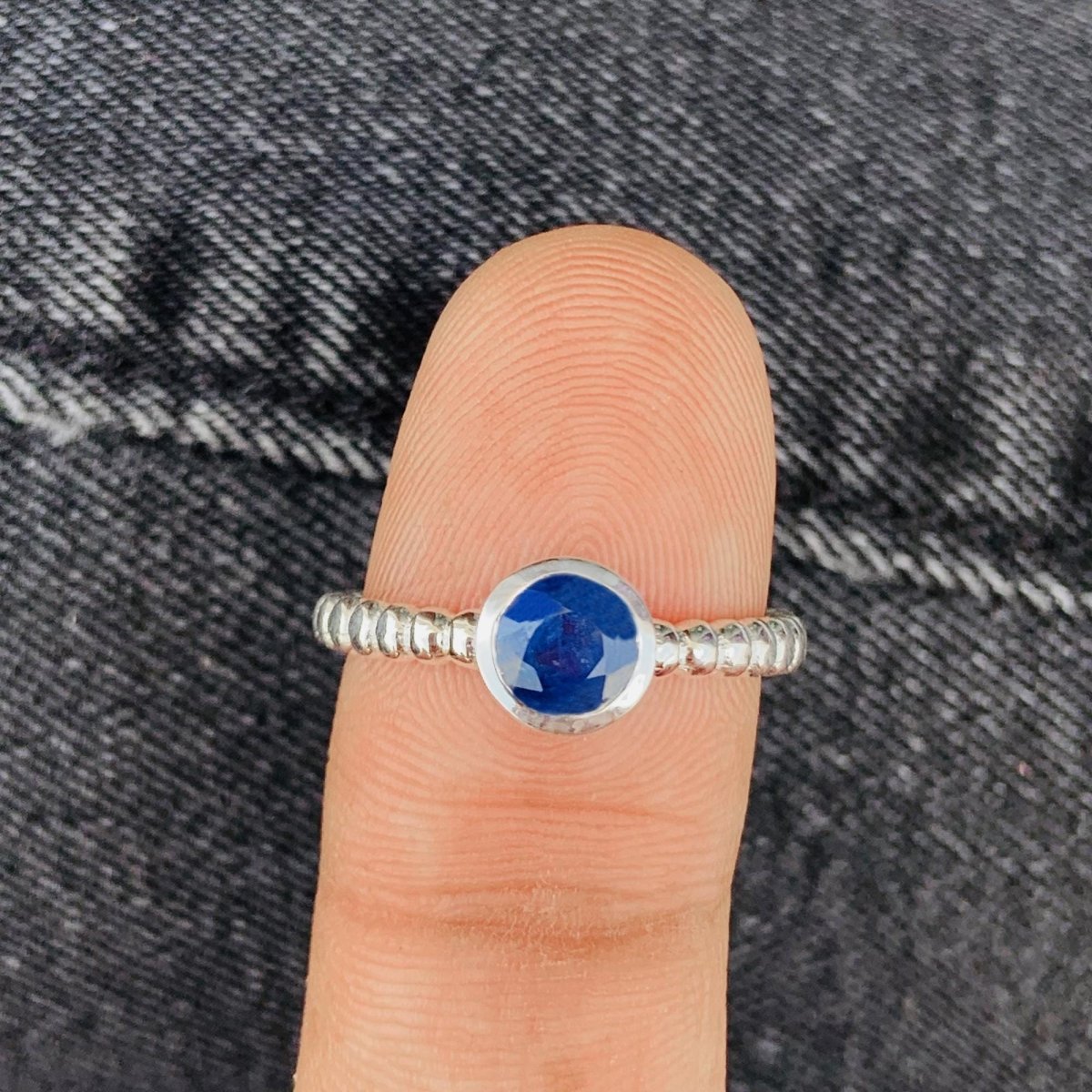 Natural Blue Iolite Ball Ring | Dainty Stackable Silver - BeadsBoatInc