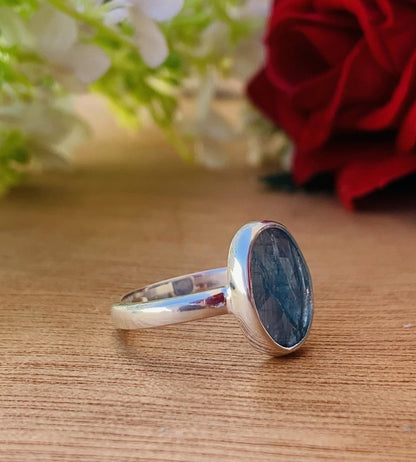 Natural Blue Kyanite Rosecut Solitaire Ring | Sterling Silver & Gold Vermeil - BeadsBoatInc