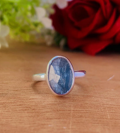 Natural Blue Kyanite Rosecut Solitaire Ring | Sterling Silver & Gold Vermeil - BeadsBoatInc