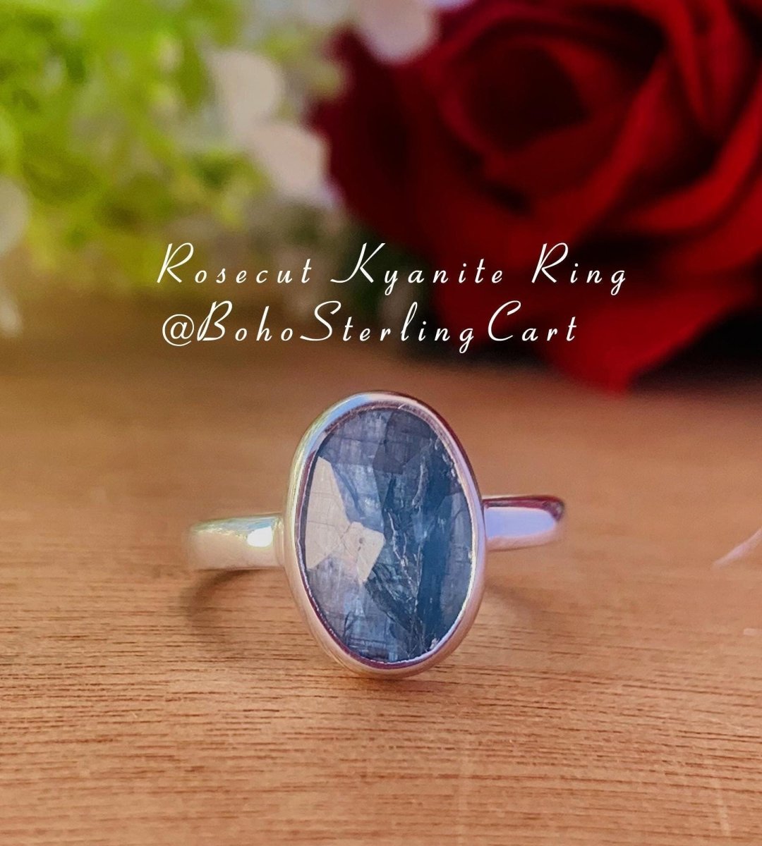 Natural Blue Kyanite Rosecut Solitaire Ring | Sterling Silver & Gold Vermeil - BeadsBoatInc