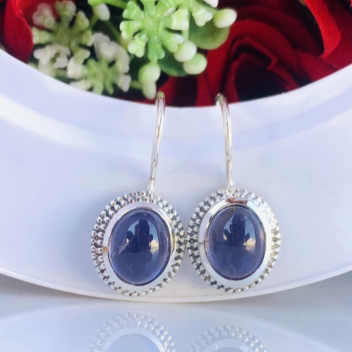 Natural Blue Oval Iolite Dangle Drops Earrings - Sterling Silver - Gift for Her - BeadsBoatInc