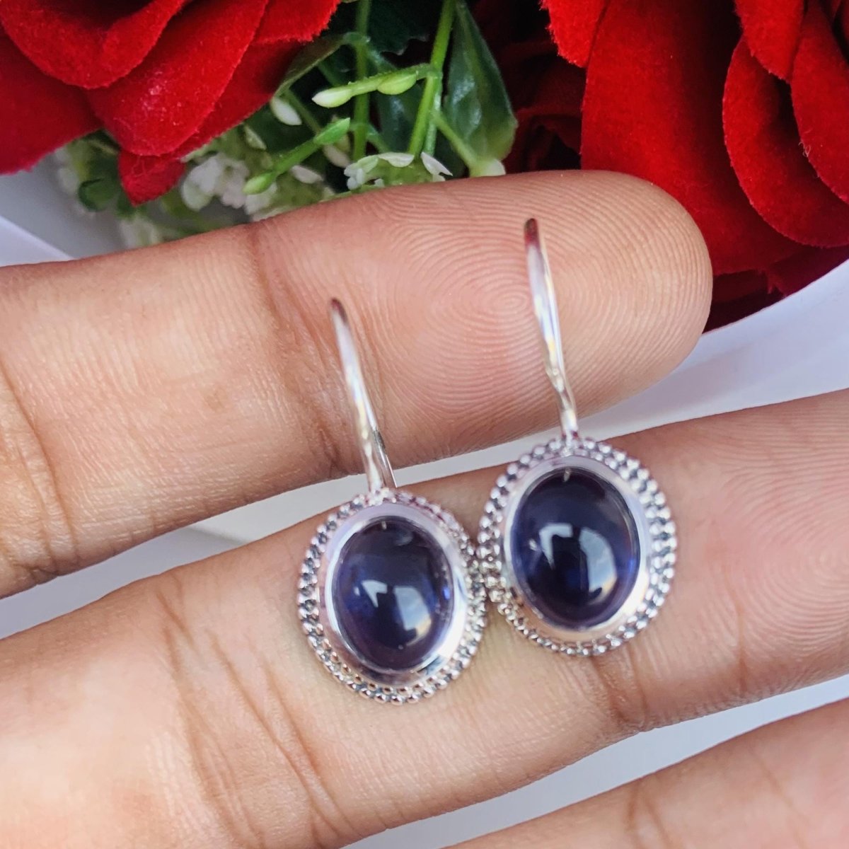 Natural Blue Oval Iolite Dangle Drops Earrings - Sterling Silver - Gift for Her - BeadsBoatInc