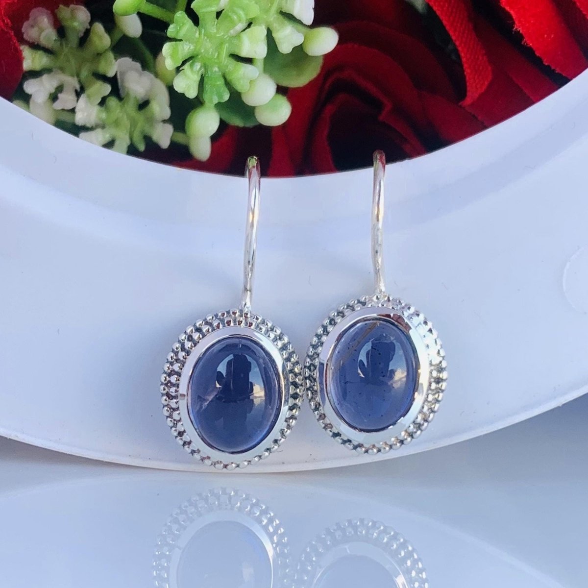 Natural Blue Oval Iolite Dangle Drops Earrings - Sterling Silver - Gift for Her - BeadsBoatInc