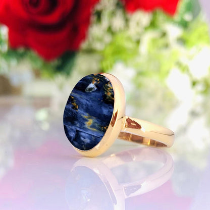 Natural Blue Pietersite Solitaire Ring | 18K Gold Vermeil - BeadsBoatInc