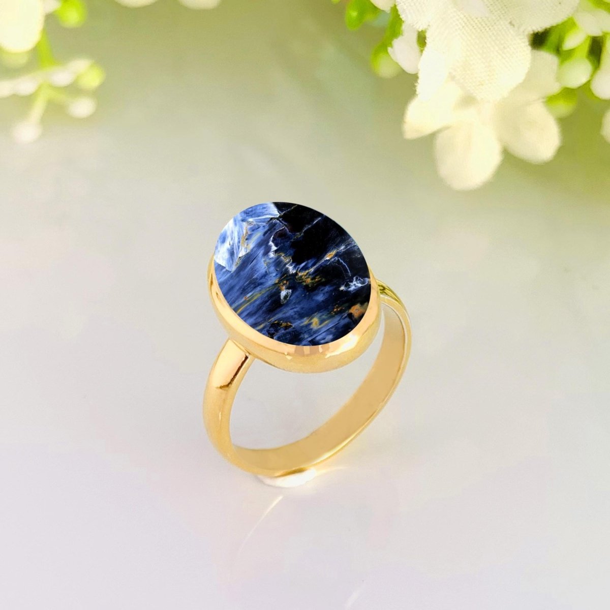 Natural Blue Pietersite Solitaire Ring | 18K Gold Vermeil - BeadsBoatInc