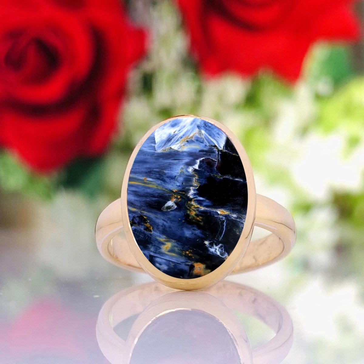 Natural Blue Pietersite Solitaire Ring | 18K Gold Vermeil - BeadsBoatInc