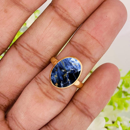 Natural Blue Pietersite Solitaire Ring | 18K Gold Vermeil - BeadsBoatInc