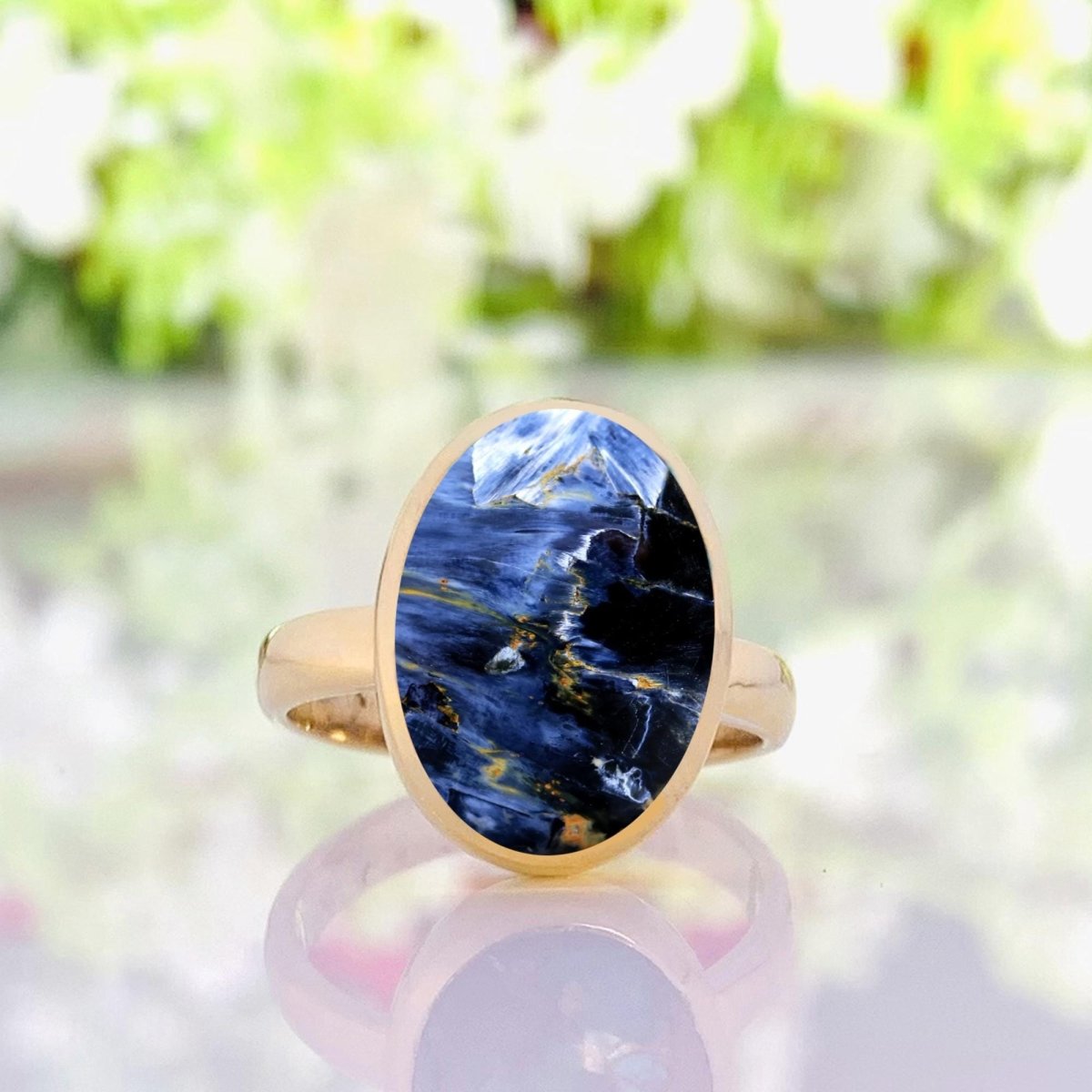 Natural Blue Pietersite Solitaire Ring | 18K Gold Vermeil - BeadsBoatInc
