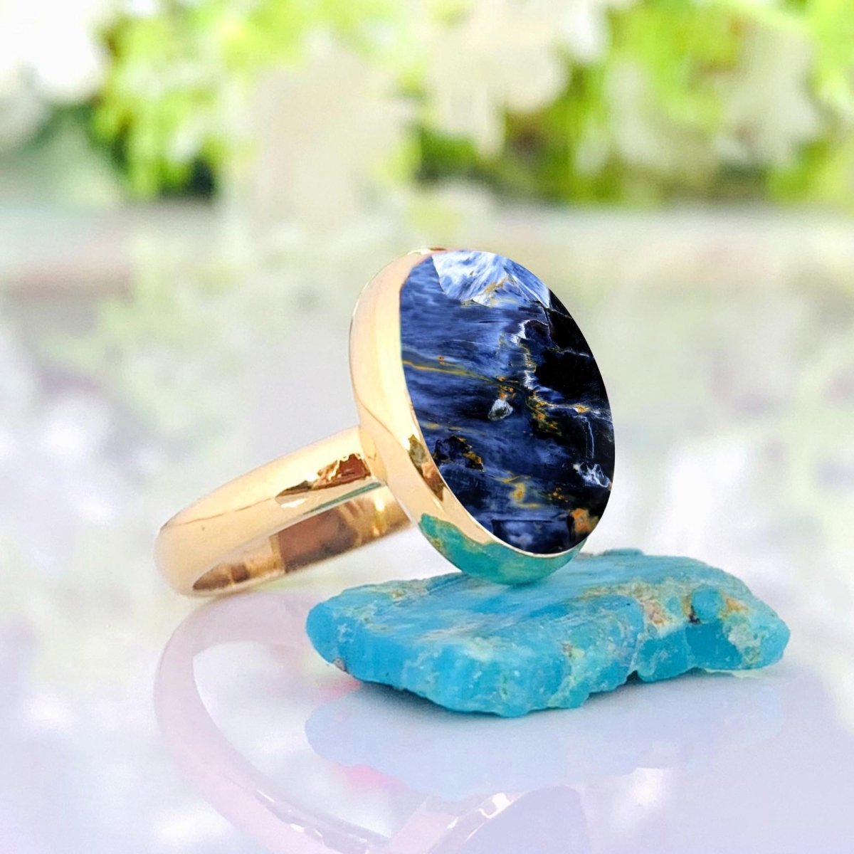 Natural Blue Pietersite Solitaire Ring | 18K Gold Vermeil - BeadsBoatInc