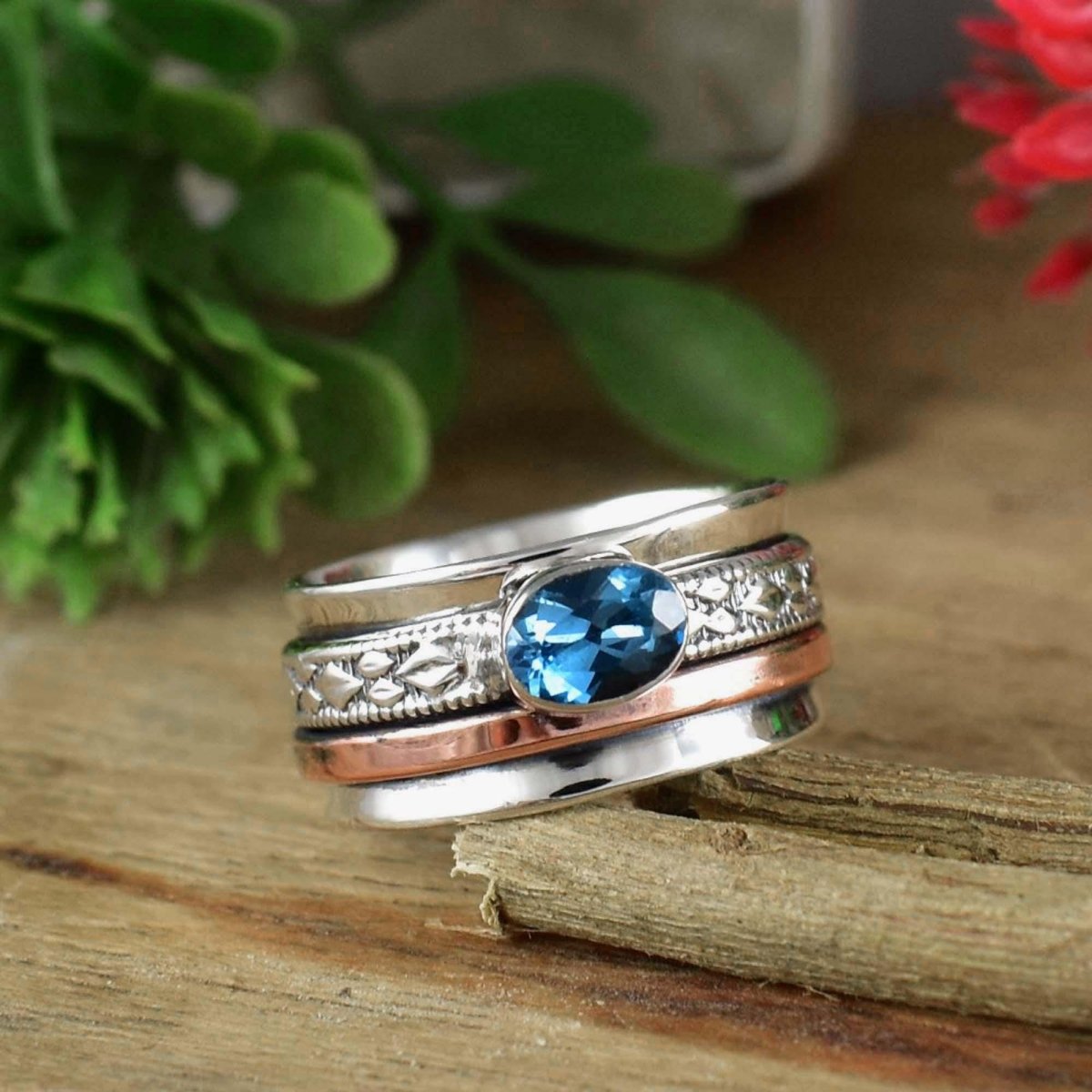 Natural Blue Topaz Spinner Ring in 925 Sterling Silver – Multi - Tone Band - BeadsBoatInc