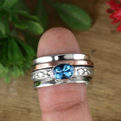 Natural Blue Topaz Spinner Ring in 925 Sterling Silver – Multi - Tone Band - BeadsBoatInc