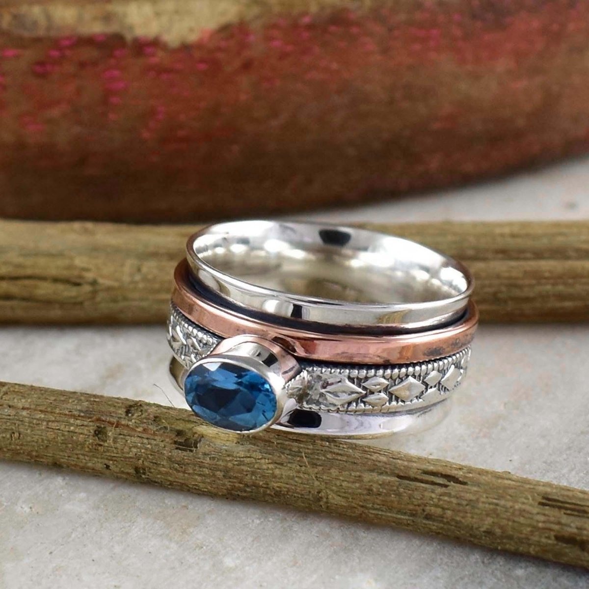 Natural Blue Topaz Spinner Ring in 925 Sterling Silver – Multi - Tone Band - BeadsBoatInc