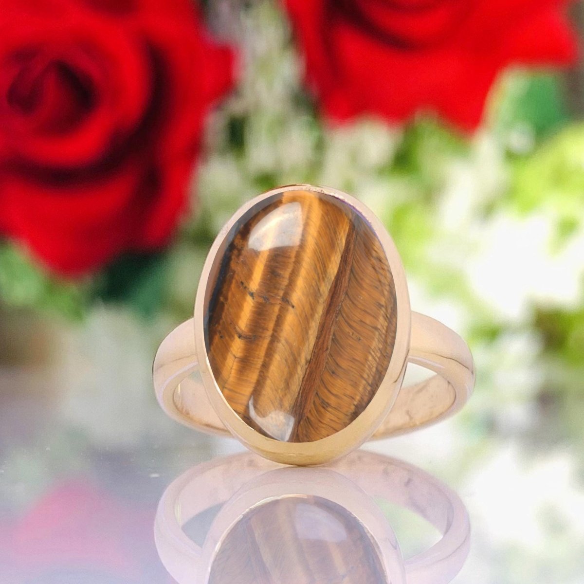 Natural Brown Tiger Eye Gemstone Ring - Sterling Silver Gold Plated - BeadsBoatInc