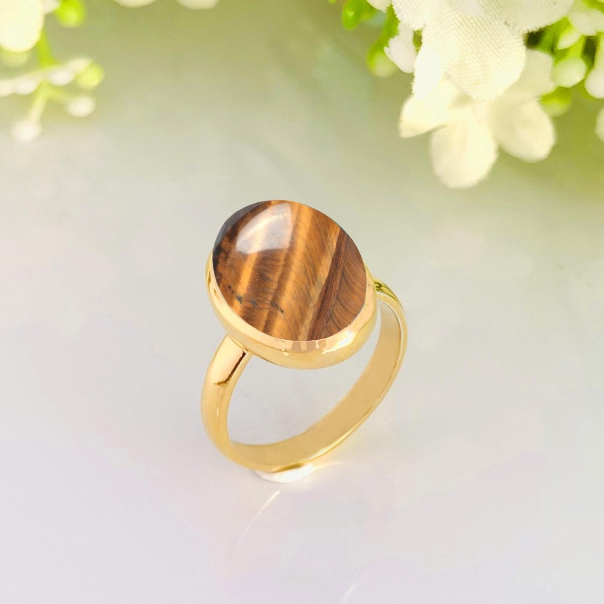 Natural Brown Tiger Eye Gemstone Ring - Sterling Silver Gold Plated - BeadsBoatInc