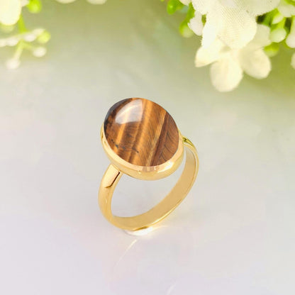 Natural Brown Tiger Eye Gemstone Ring - Sterling Silver Gold Plated - BeadsBoatInc