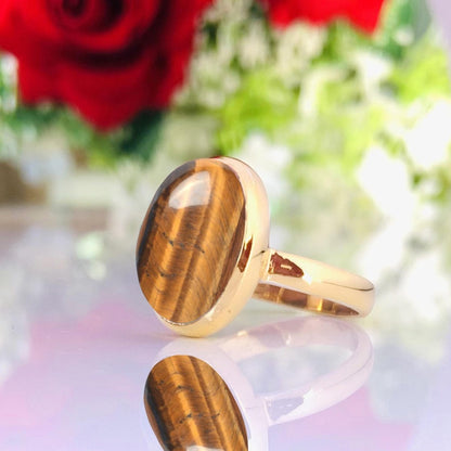 Natural Brown Tiger Eye Gemstone Ring - Sterling Silver Gold Plated - BeadsBoatInc