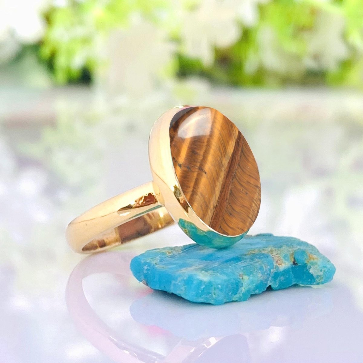 Natural Brown Tiger Eye Gemstone Ring - Sterling Silver Gold Plated - BeadsBoatInc