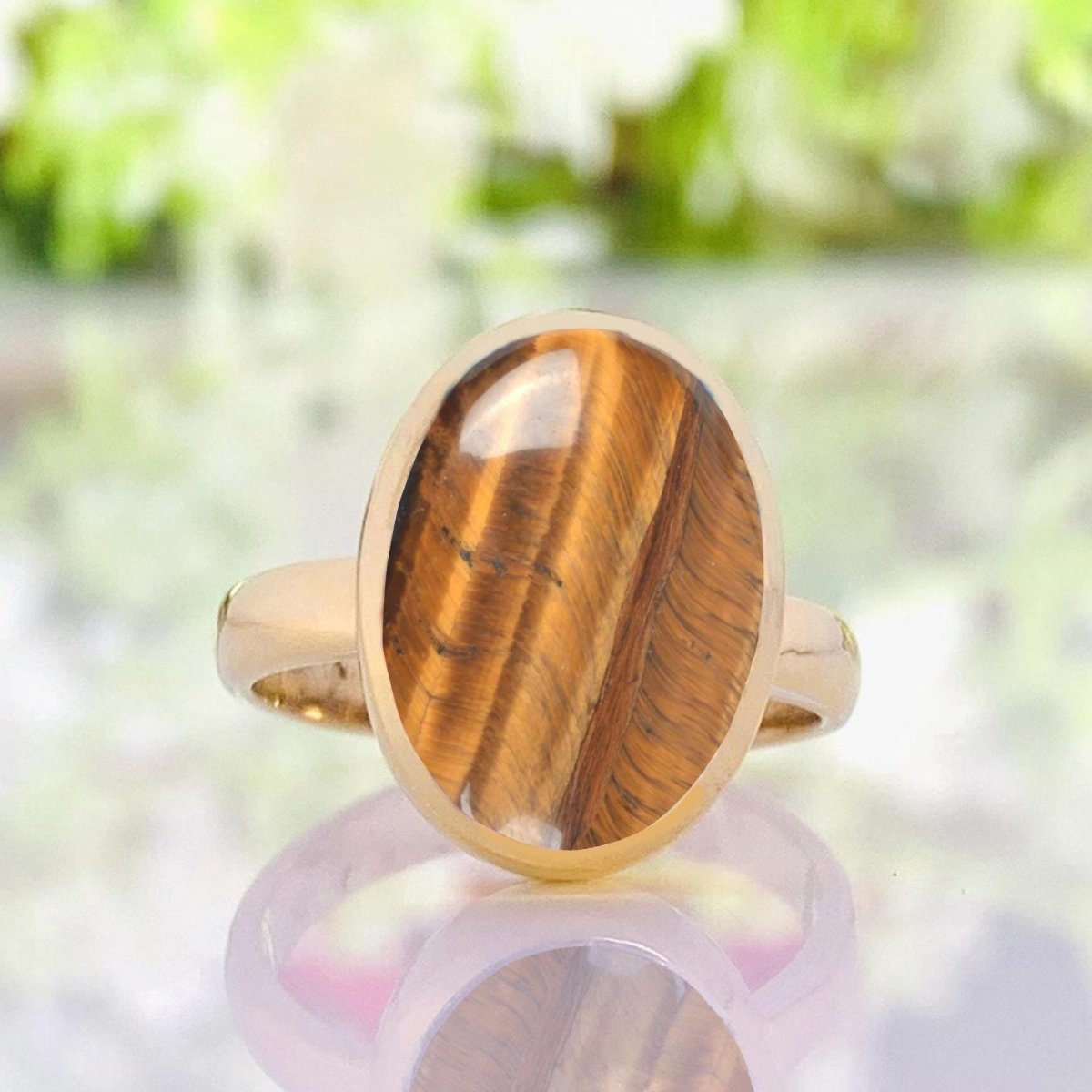 Natural Brown Tiger Eye Gemstone Ring - Sterling Silver Gold Plated - BeadsBoatInc
