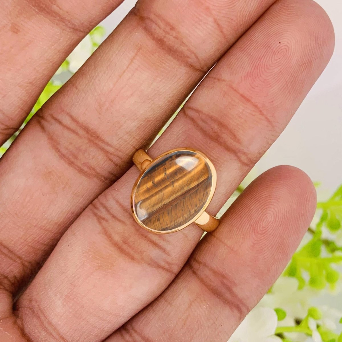 Natural Brown Tiger Eye Gemstone Ring - Sterling Silver Gold Plated - BeadsBoatInc
