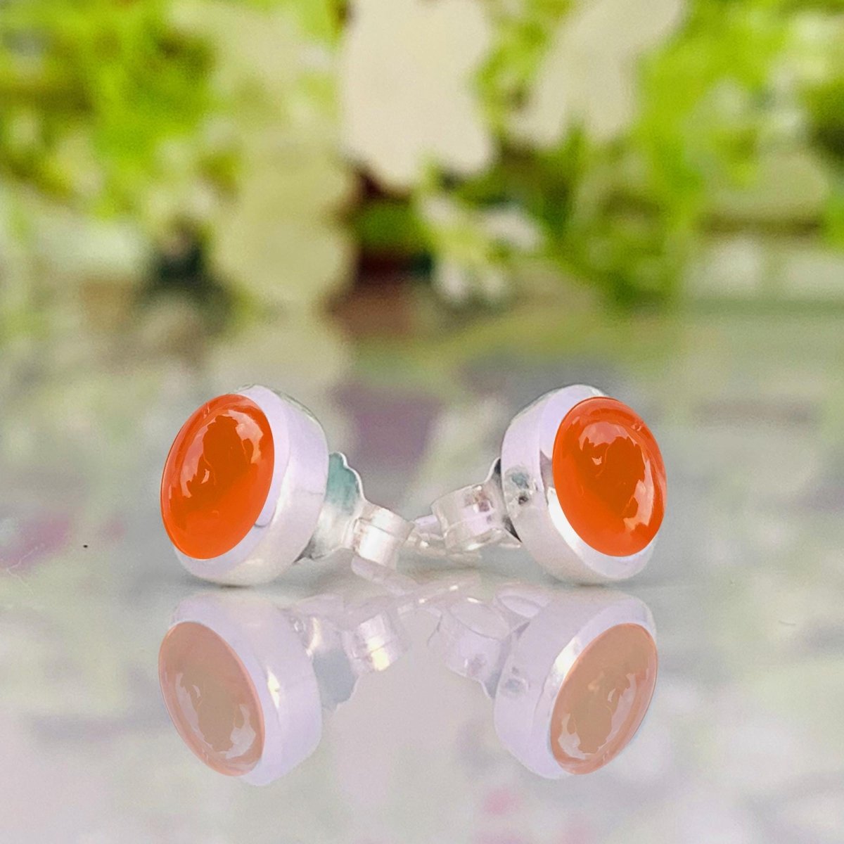Natural Carnelian Studs Earring ~ Dainty Silver & Gold Silver Studs ~ Simple small studs ~ Round Shape Orange Stone ~ Gift For Her ~ E - 0032 - BeadsBoatInc