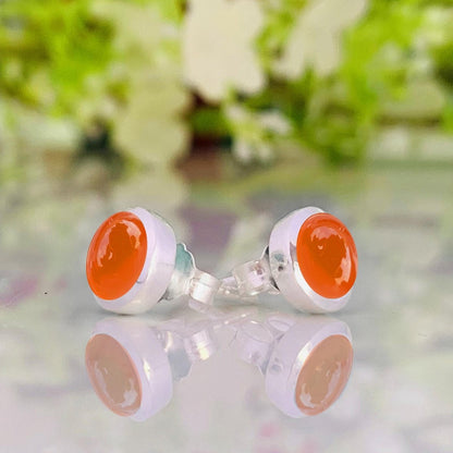 Natural Carnelian Studs Earring ~ Dainty Silver & Gold Silver Studs ~ Simple small studs ~ Round Shape Orange Stone ~ Gift For Her ~ E - 0032 - BeadsBoatInc