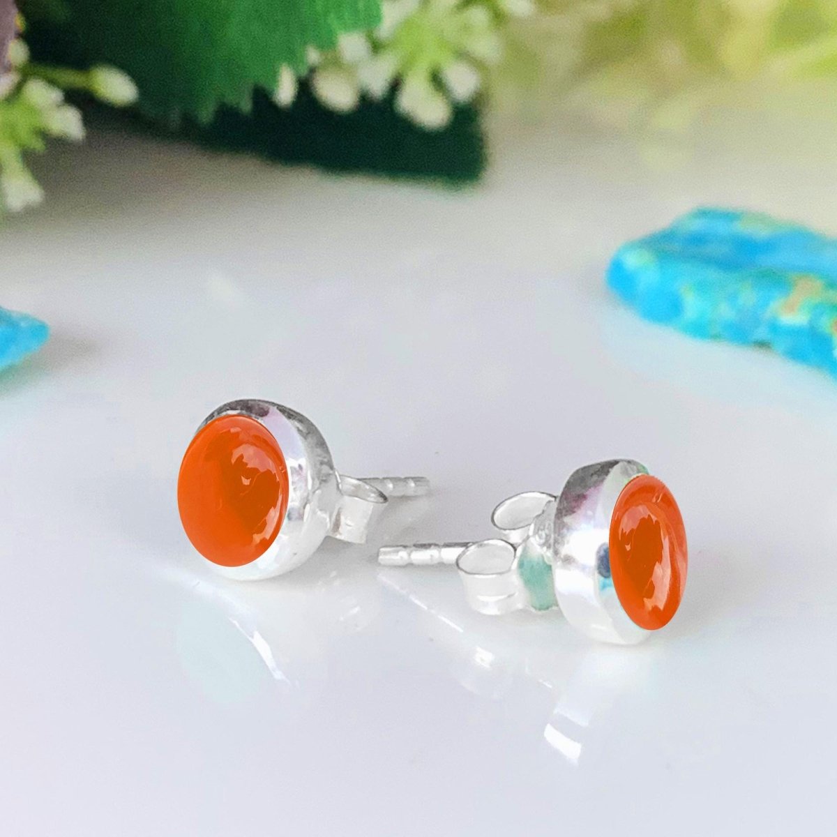 Natural Carnelian Studs Earring ~ Dainty Silver & Gold Silver Studs ~ Simple small studs ~ Round Shape Orange Stone ~ Gift For Her ~ E - 0032 - BeadsBoatInc