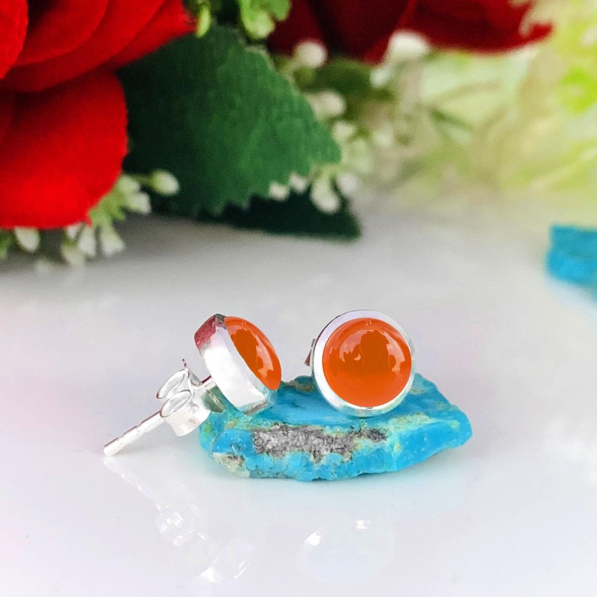 Natural Carnelian Studs Earring ~ Dainty Silver & Gold Silver Studs ~ Simple small studs ~ Round Shape Orange Stone ~ Gift For Her ~ E - 0032 - BeadsBoatInc