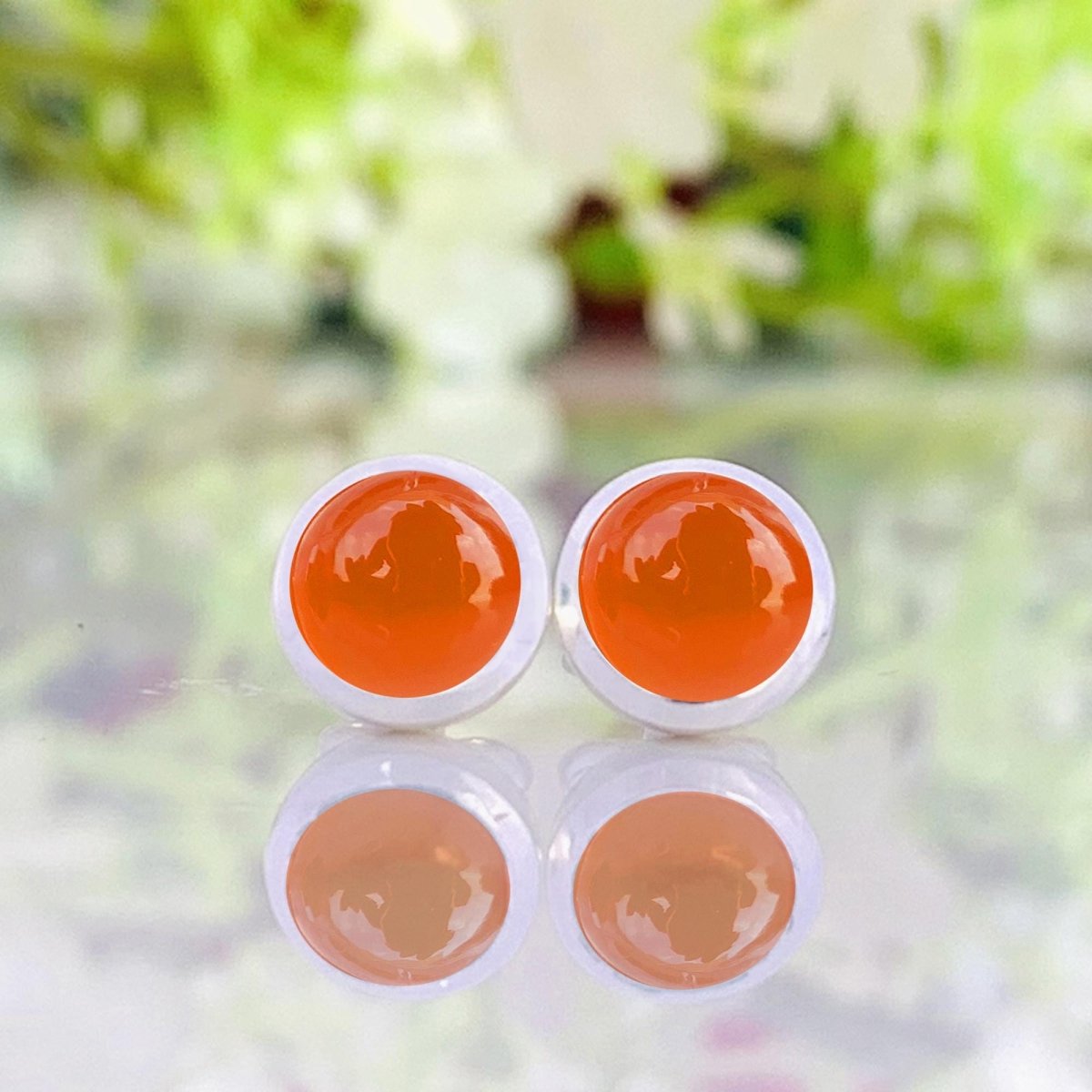 Natural Carnelian Studs Earring ~ Dainty Silver & Gold Silver Studs ~ Simple small studs ~ Round Shape Orange Stone ~ Gift For Her ~ E - 0032 - BeadsBoatInc